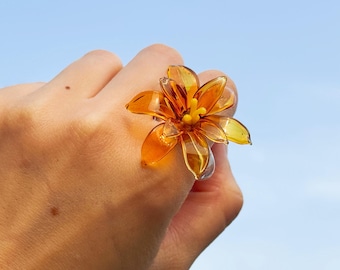 Handmade Amber Chrysanthemum Glass Ring: November Birth Flower