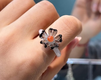 Handmade Glass Black Flower Ring, Lampwork Floral Ring with Orange Center, Minimalist Glass Jewelry, Dainty Statement Ring, Unique Gift