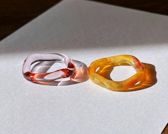 Handmade Irregular Glass Ring Set – Organic Sculptural Glass Bands, Color Shifting Light Effect, Minimal Art Jewelry