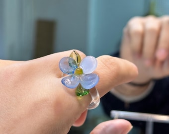 Handmade Glass Orchid Ring, Blue Orchid Flower Ring, Lampwork Glass Ring, Floral Glass Jewelry, Elegant Botanical Ring Gift