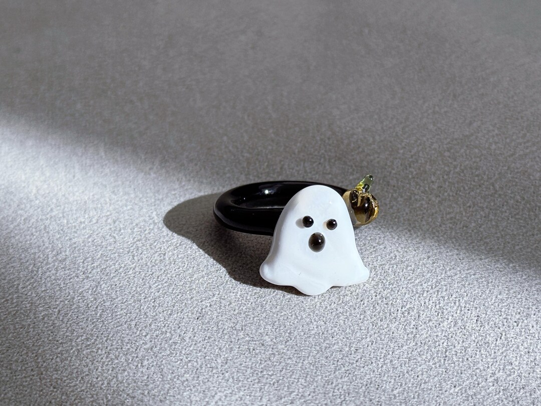 Handmade Glass Ghost Ring With Pumpkin Accent – Cute Spooky Halloween ...