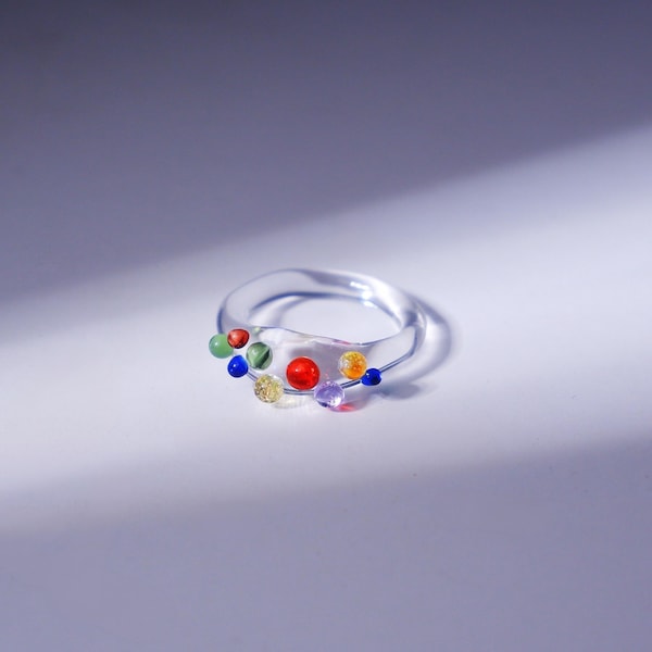 Handmade Glass Bubble Ring, Colorful Confetti Ring, Dopamine Jewelry, Rainbow Glass Ring, Minimalist Statement Ring