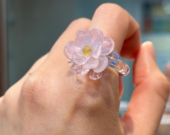 Handmade Pink Glass Flower Ring, Lampwork Floral Ring, Blue Leaf Glass Ring, Clear Glass Band Ring, Botanical Glass Jewelry