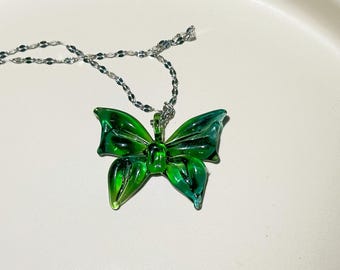 Handcrafted Glass Butterfly Pendant – Emerald Green Flame-Worked Necklace, Celestial Boho Gift