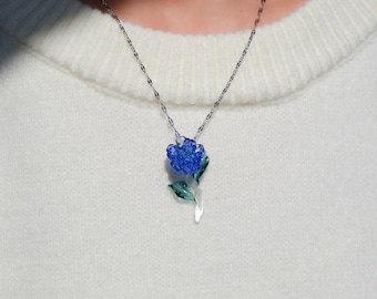 Handmade Glass Blue Rose Necklace, Lampwork Flower Pendant, Botanical Glass Jewelry, Tiny Rose Necklace, Romantic Floral Gift