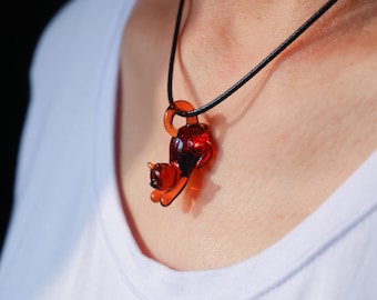 Handmade Glass Cat Necklace, Lampwork Stretching Cat Pendant, Whimsical Cat Jewelry, Cute Kitty Charm, Gift for Cat Lover