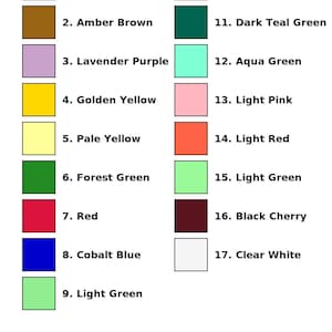 Puede incluir: Una carta de colores con 17 muestras de colores con nombres. Los colores incluyen azul claro, marr&oacute;n &aacute;mbar, morado lavanda, amarillo dorado, amarillo p&aacute;lido, verde bosque, rojo, azul cobalto, verde claro, amarillo ne&oacute;n-verde, verde azulado oscuro, verde agua, rosa claro, rojo claro, verde claro, cereza negra y blanco puro.