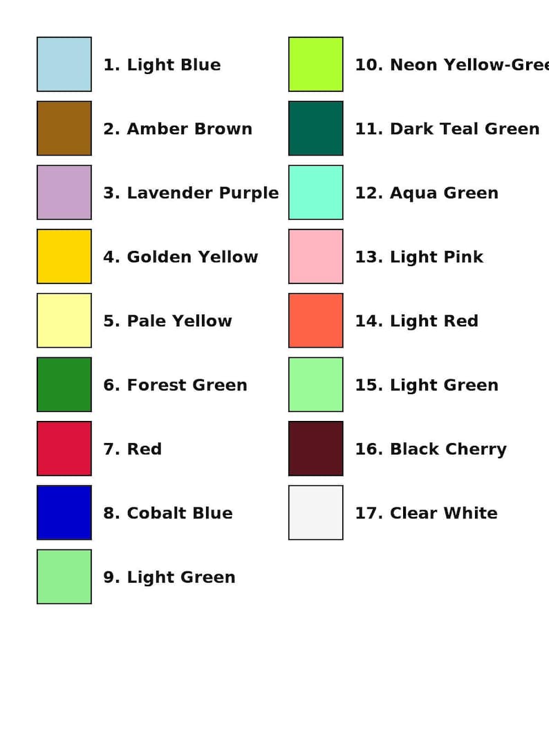 Puede incluir: Una carta de colores con 17 muestras de colores con nombres. Los colores incluyen azul claro, marr&oacute;n &aacute;mbar, morado lavanda, amarillo dorado, amarillo p&aacute;lido, verde bosque, rojo, azul cobalto, verde claro, amarillo ne&oacute;n-verde, verde azulado oscuro, verde agua, rosa claro, rojo claro, verde claro, cereza negra y blanco puro.