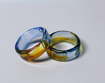 Handmade Glass Ring – Brown & Blue Swirl Band, Two-Tone Lampwork Ring, Mixed Color Resin-Like Glass Jewelry, Unique Art Statement Ring Gift