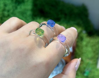 Handmade Glass Gemstone Ring, Lampwork Cube Glass Ring, Colorful Square Glass Ring, Minimalist Transparent Ring, Artisan Glass Jewelry
