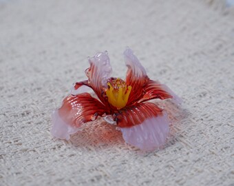 Handmade Glass Iris Incense Holder, Lampwork Glass Flower, Red Pink Floral Glass Art, Aromatherapy Decor, Unique Gift