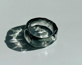 Handmade Black Smoke Glass Ring, Textured Clear Band, Fused Glass Jewelry, Artisan Flame-Crafted Ring, Unique Statement Gift for Her or Him