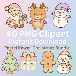 40 Kawaii Christmas Clipart PNG | Cute Pastel Stickers | Santa, Reindeer, Tree, Gingerbread | Instant Download