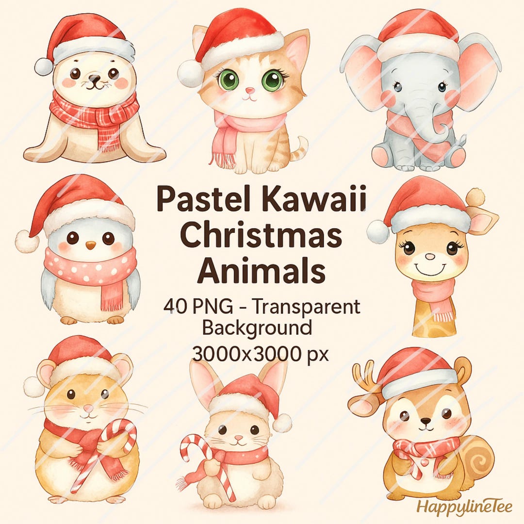 Cute Kawaii Christmas Animal Clipart Bundle | 40 PNG Santa Animals ...