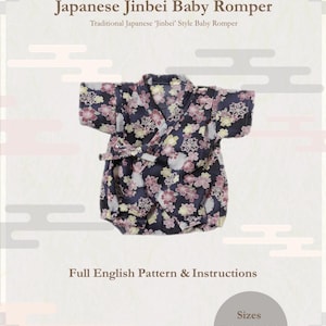May include: A navy blue Japanese Jinbei baby romper with a floral pattern in pink, white, and yellow. The romper has short sleeves and a wrap-style closure. The image includes the text "Japanese Jinbei Baby Romper" and size options.