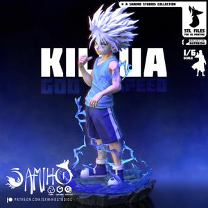 May include: A detailed figurine of a character with spiky white hair, wearing a blue tank top and shorts, with blue lightning effects. The figure is on a rocky base. Text includes "KILLUA GOD SPEED" and "SAMIHO STUDIOS COLLECTION".