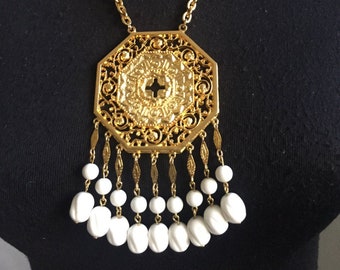 Vendome Heavy Gold and Dangling White Beaded Embellished Elaborate Middle Eastern Etruscan Egyptian Revival Necklace