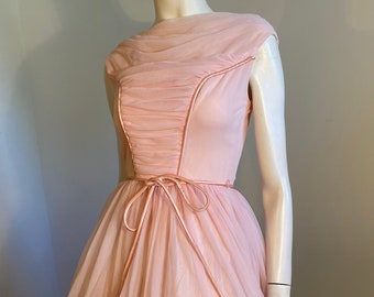 50s 60s Sweetest Pink Chiffon Prom Dress Party Dress Ruched Shoulders and Bodice Full Circle Skirt Back Train Detail XVC Size XS/S