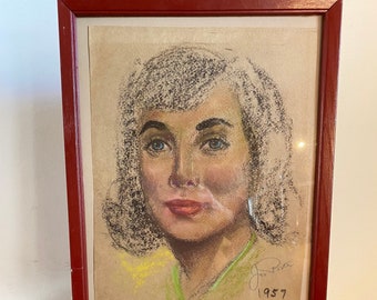 肖像画　パステル画 1950 年代のパステル画の女性の肖像画、ジョセフ ポーターのサイン入り