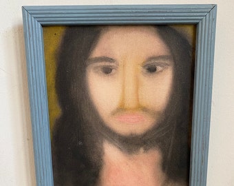 Vintage 70's Original Art Framed Oil Painting Portrait of Jesus? Hippie Dude? Subject to Interpretation Folk Art Outsider Art 9"x11"