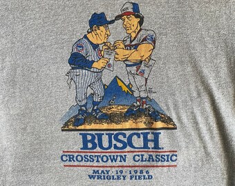 Rare 80s BUSCH Crosstown Classic May 19 1986 Wrigley Field Heather Gray T Shirt Caricature Chicago Cubs and White Sox Managers Size M