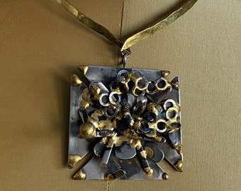 Brutalist Modernist Signed Richard Bitterman Steel and Brass Mixed Metal Sculptural Abstract 3 Dimensional Choker Pendant Necklace