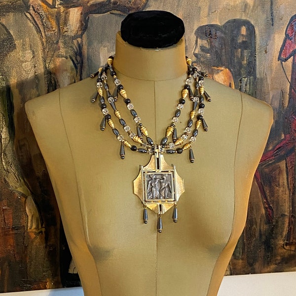 Dazzling Modernist Brutalist Signed Luca Razza Huge Zodiac Gemini Gold and Pewter Pendant Necklace Triple Beaded Chain Circa 1970’s