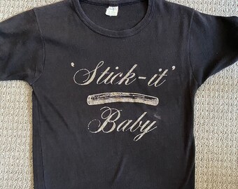 1970's Baby Tee Style Black Knit T Shirt With Silver Glitter Spell Out STICK IT BABY! Sportique Label Size Extra Small/Small