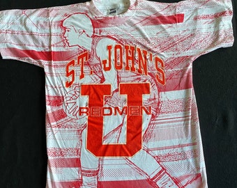 90’s St John’s Redmen Red Storm Red and White Double Sided All Over Print T Shirt Chris Mullin Reference Size Medium