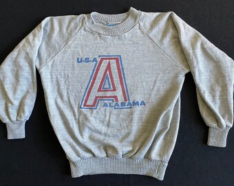 70's 80's ALABAMA A USA Logo Spell Out College Sweatshirt Super Soft and Worn Gray Heather LS Raglan Knit Collar Cuff and Waist Size Small