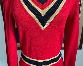 Rare 1970s Metallic Knit Red Gold and Navy V Neck Tennis Style Sweater From Sears JR Bazaar Classy Young Sophisicate Timeless Fashion Size S