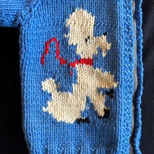 May include: A blue knitted cardigan with a white poodle design and red ribbon. The cardigan has a zipper closure.