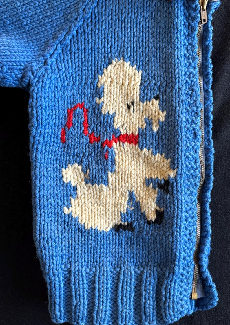 May include: A blue knitted cardigan with a white poodle design and red ribbon. The cardigan has a zipper closure.