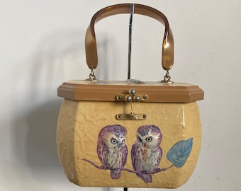 Vintage 60's 70’s Fab Cute Clever 3D Decoupaged Box Purse Owls and Birds in Blues and Browns Glossy Finish Lucite Handle Top Hinge Opening