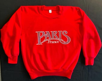 PARIS France 1980’s Logo Sweatshirt Red Long Sleeve Raglan with Lavender Spellout Script Soft and Worn Size Medium