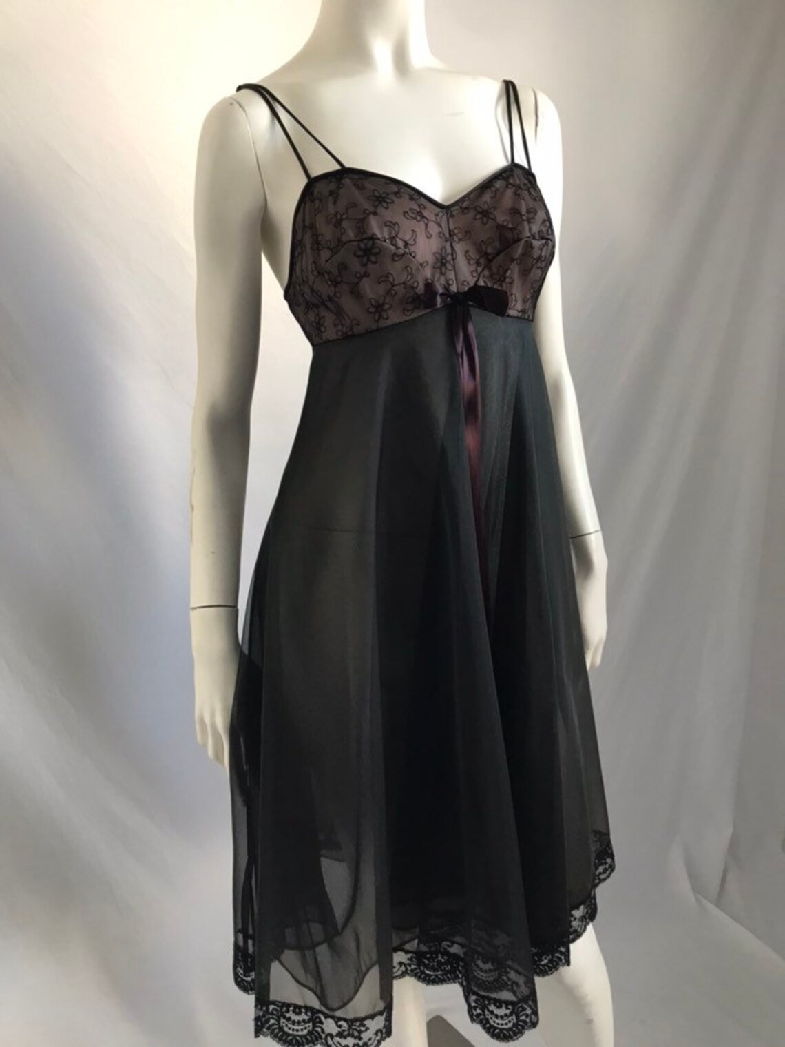 60 S Sheer Black Lace Nylon Mini Nightie Short Nightgown Etsy