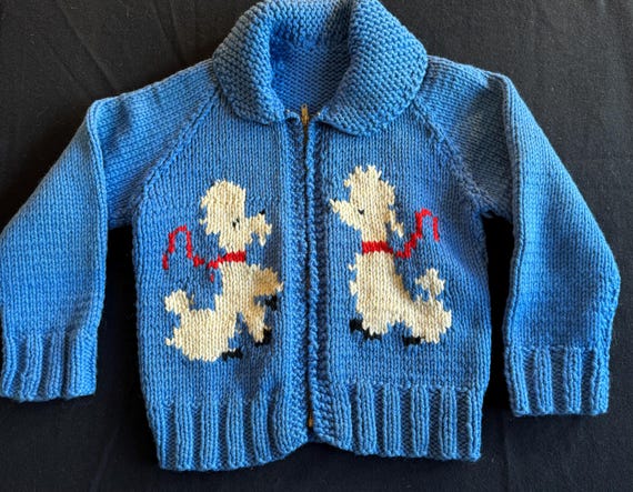 Vintage 50’s French Poodles Cardigan By Mary Maxim Bulky Hand Knit Zip Up Sweater for Girls Rare Cowichan Collectible Size Medium
