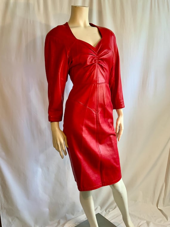 michael hoban north beach leather dress Rare Bold 80’s Vintage Red Lamb Dramatic V Neck Ruched Bust Oversized Shoulders Cut Out Back Size S x-dotapparel Sherri Hill Short Beaded Size:7.5 UK