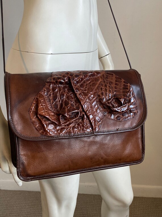 80 s Carlos Falchi Dark Brown Reptile And Leather Crossbody Shoulder Bag Soft and Supple Raised Textured Abstract RetilPieces