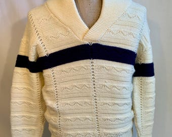 70s 80s Vintage Oleg Cassini by Burma Chubby Cable Knit White Shawl Collar Long Sleeve Sweater with Navy Stripe Classic RL Look Unisex S/M