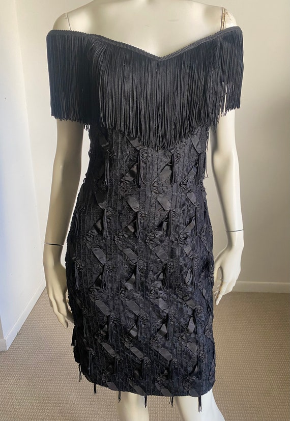 Fantastic 80s 90s Off the Shoulder Black Fringe C… - image 3