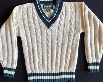 70s 80s Acrylic Ribbed Cable Knit V Neck Long Sleeve Tennis Varsity Sweater Classic Green and Navy Stripe CAMPUS Label Unisex Size XS/S