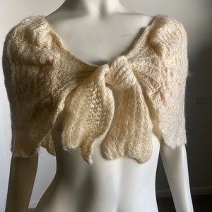 Sweetest Adorable Classic 50s 60s Ivory Mohair Italian Knit Wrap Shawl Shrug Cape Ties in Front Marshall Field & Co Label One Size Fits All