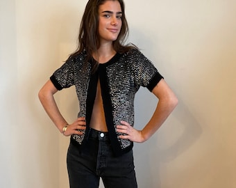 30's 40's Black Hand Knit with Silver Sequins Short Sleeve Open Cardigan Sweater Dressy or Casual Classic Old Hollywood Glam Look Size Small