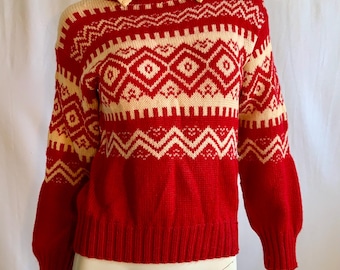 60s Norwegian Wool Knit Red and White Classic Fair Isle Nordic Pattern Pullover Sweater Fold Over Collar By Nansen Knitwear Unisex Size S