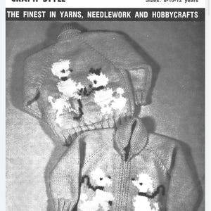 May include: Knitting pattern for a children's cardigan featuring poodle designs. The pattern is titled "Children's Cardigan Poodles" and is from Mary Maxim. The pattern is graph-style and includes sizes 8-10-12 years.