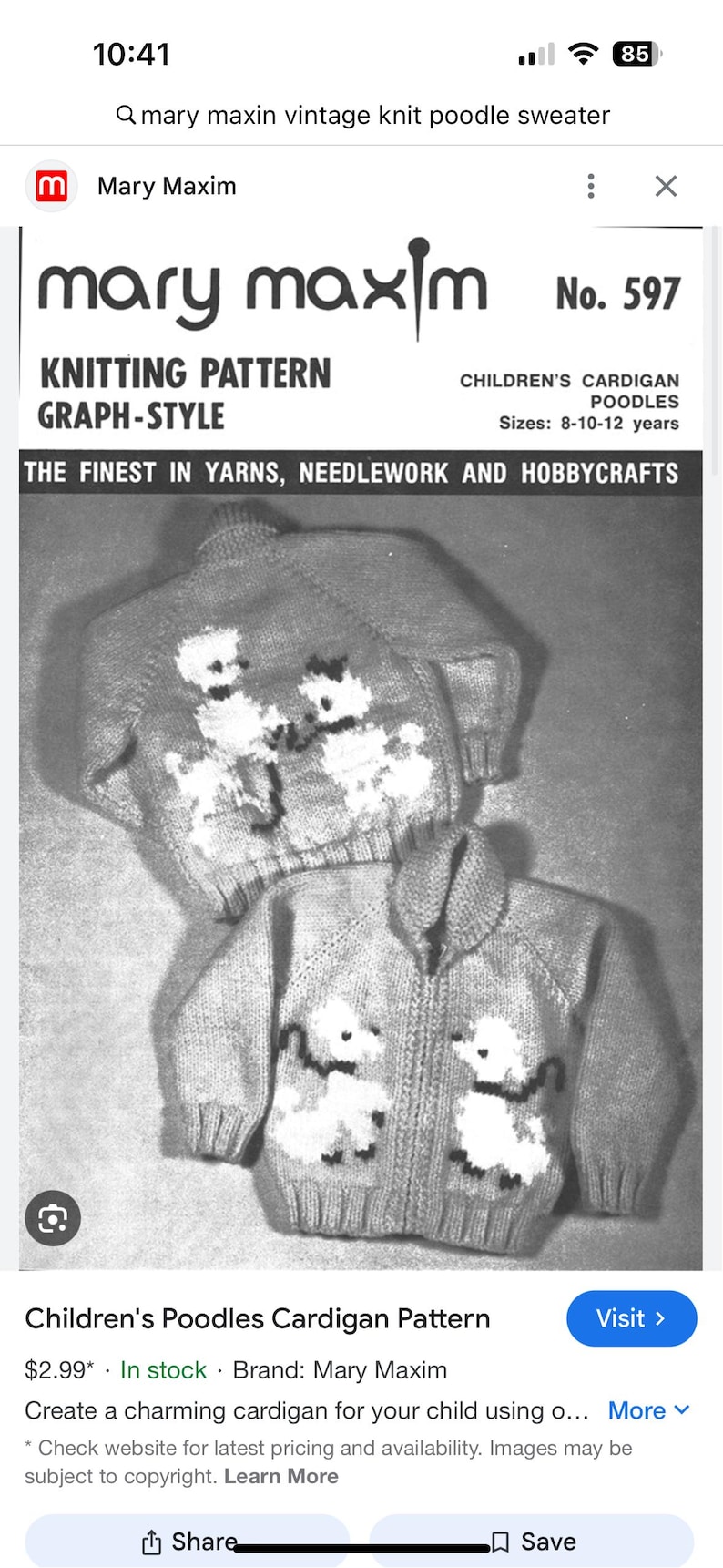 May include: Knitting pattern for a children's cardigan featuring poodle designs. The pattern is titled "Children's Cardigan Poodles" and is from Mary Maxim. The pattern is graph-style and includes sizes 8-10-12 years.