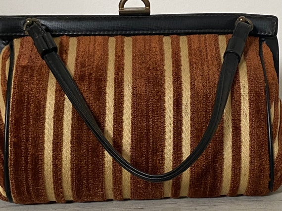 60’s Chenille Velvet Stripe Handbag Tapestry Brow… - image 4