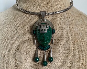 1950s Mexican Pendant 925 Silver and Malachite Highly Decorated Mayan Warrior Head With Dangles on a Braided Silver Choker Collar