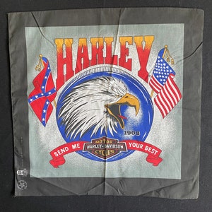 Harley Davidson Vintage 80&#39;s Deadstock Bandana Kerchief Head Scarf Iconic Eagle&#39;s Head Send Me Your Best Banner Size 22&quot; x 22&quot;
